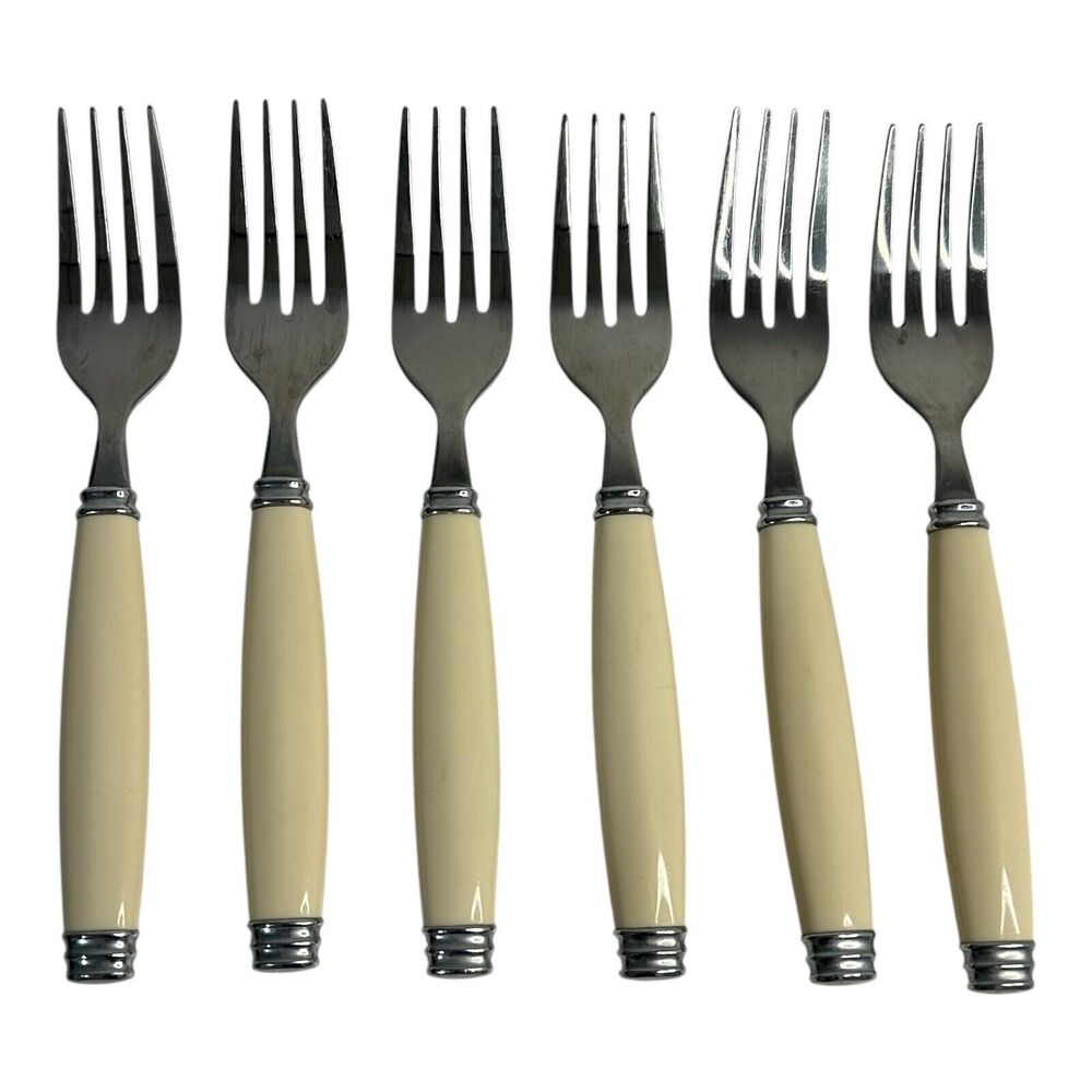 (6) Pfaltzgraff Tabletones White Ivory Stainless Steel Salad Forks